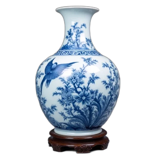 bottle, photorealistic, blue, white, porcelain, vase, intricate, floral transparent PNG cut-out