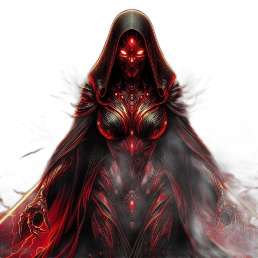 mask, creature, concept art, fantasy art, comic book art, pixel art, red, hooded transparent PNG cut-out