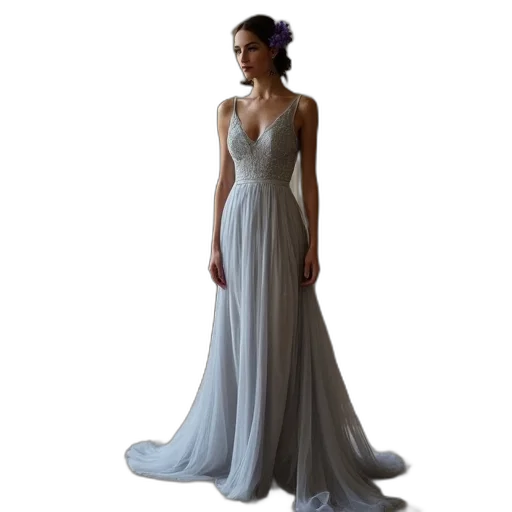 dress, blue, woman, long, flowing, silver, fitted, bodice transparent PNG cut-out