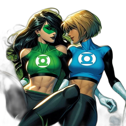 comic book art, concept art, green, two, female, superheroes, dressed, blue transparent PNG cut-out