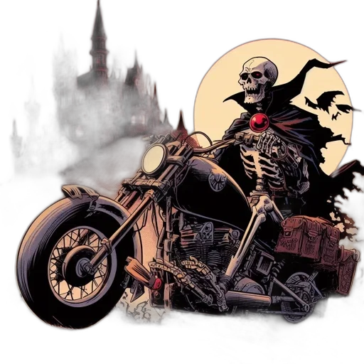 comic book art, concept art, fantasy art, pixel art, skeleton, rides, motorcycle, amidst transparent PNG cut-out