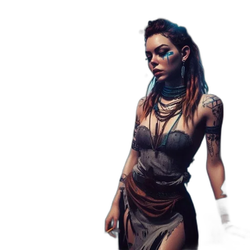 dress, staff, concept art, fantasy art, cyberpunk, 3d render, dark, earth tones transparent PNG cut-out