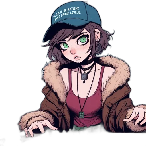 hat, jacket, weapon, creature, anime, cartoon, watercolor, cyberpunk transparent PNG cut-out