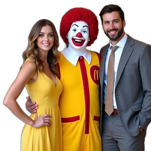 man, woman, standing, next, ronald, mcdonald, character, wearing transparent PNG cut-out