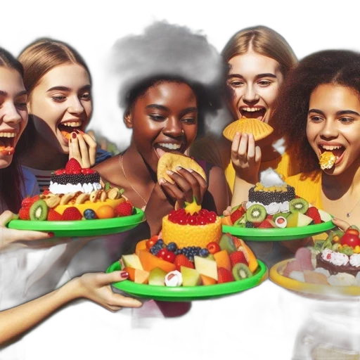 food, photorealistic, concept art, watercolor, oil painting, five, young, women transparent PNG cut-out