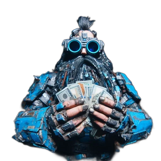 robot, jacket, mask, face, concept art, cyberpunk, 3d render, blue transparent PNG cut-out