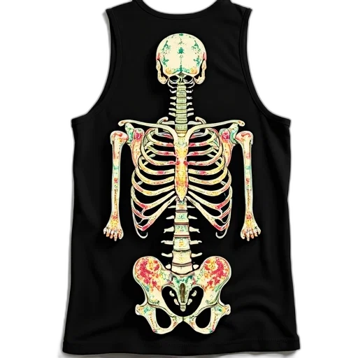 black, tank, top, colorful, detailed, illustration, human, skeleton transparent PNG cut-out
