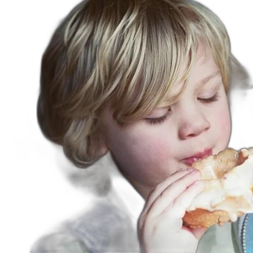 food, photorealistic, young, child, blonde, hair, enjoying, pastry transparent PNG cut-out