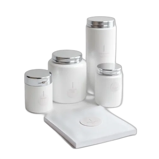 set, four, white, cylindrical, containers, silver, lids, each transparent PNG cut-out