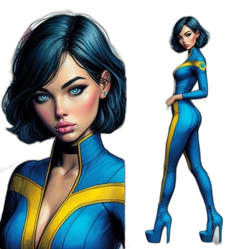 concept art, comic book art, fantasy art, cartoon, blue, female, character, short transparent PNG cut-out