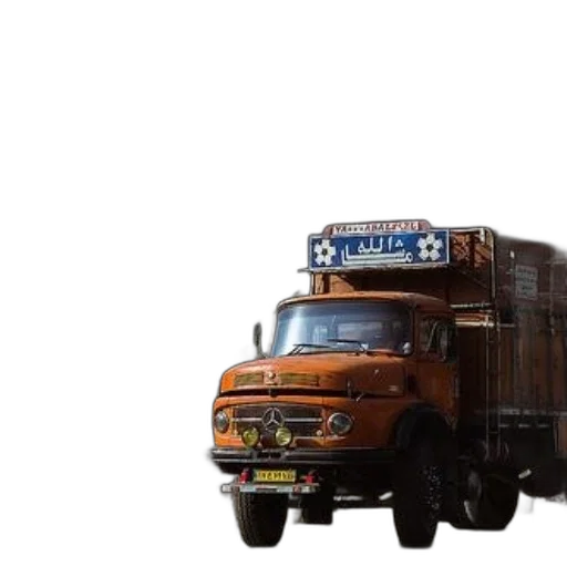 3d render, photorealistic, concept art, orange, mercedes-benz, truck, blue, sign transparent PNG cut-out