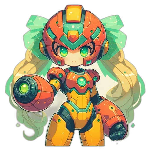 robot, weapon, concept art, pixel art, anime, 3d render, green, colorful transparent PNG cut-out