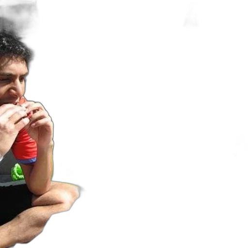 man, red, shirt, eating, hot, dog, while, sitting transparent PNG cut-out