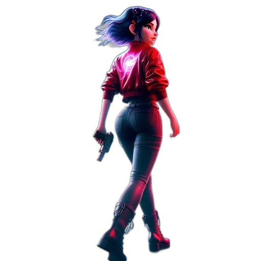 jacket, weapon, dress, concept art, cyberpunk, pixel art, comic book art, neon lights transparent PNG cut-out