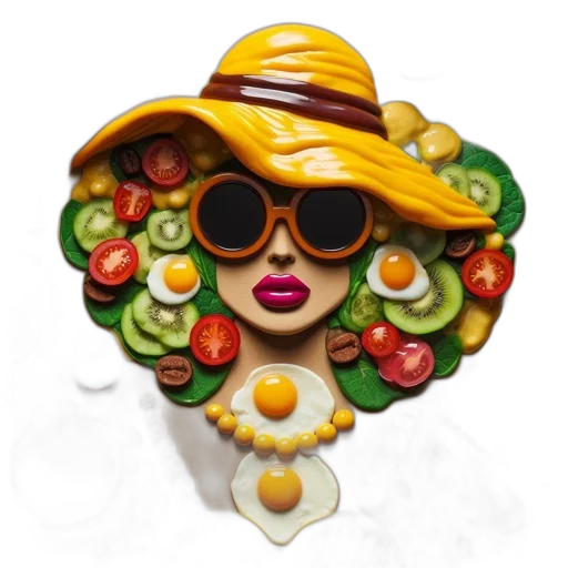 hat, food, jewelry, crown, photorealistic, 3d render, concept art, colorful transparent PNG cut-out