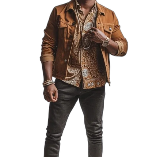 jacket, staff, concept art, earth tones, golden, man, standing, confidently transparent PNG cut-out