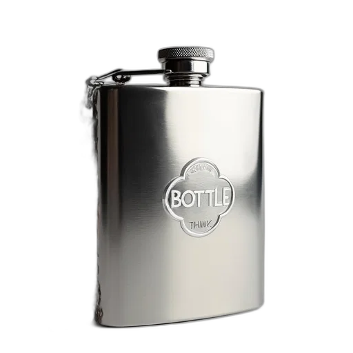 bottle, 3d render, silver, metal, flask, chain, attached, top transparent PNG cut-out