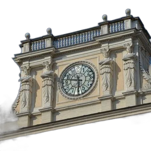 building, 3d render, photorealistic, concept art, city street, fog, clock, tower transparent PNG cut-out