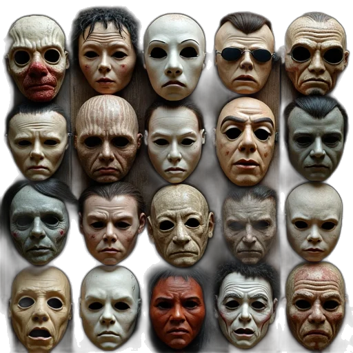 mask, face, photorealistic, 3d render, concept art, collage, retro, movies transparent PNG cut-out