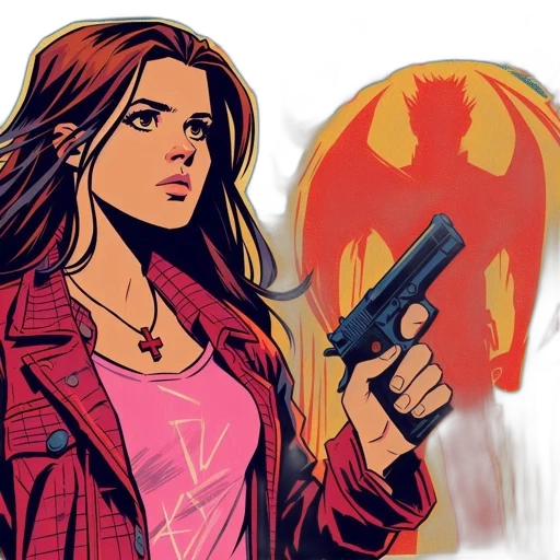 jacket, weapon, comic book art, concept art, cartoon, pixel art, fire, red transparent PNG cut-out