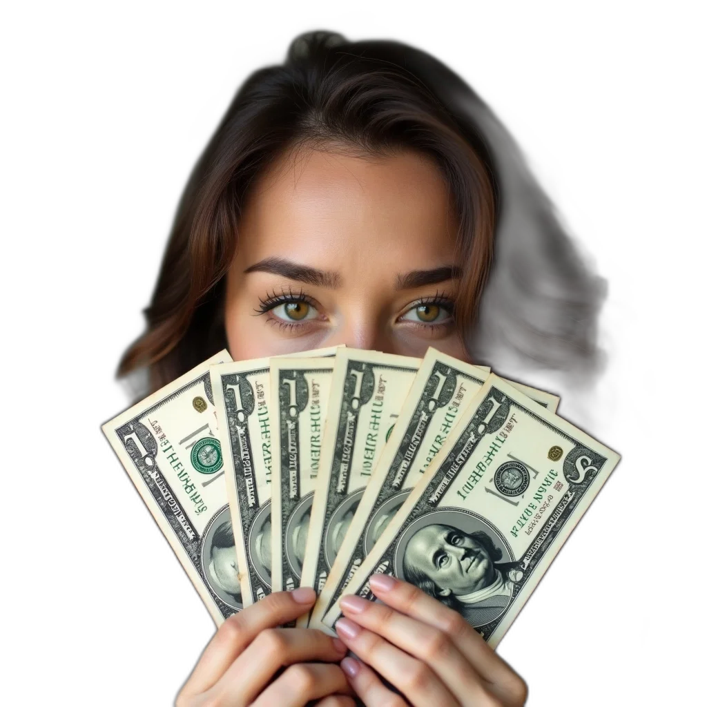 face, mask, woman, brown, hair, holding, stack, dollar transparent PNG cut-out