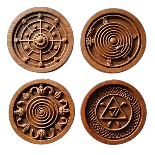 jewelry, furniture, concept art, 3d render, set, four, wooden, coasters transparent PNG cut-out