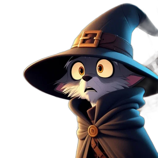 hat, staff, concept art, fantasy art, cartoon, comic book art, dark, kitten-like transparent PNG cut-out