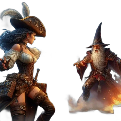 concept art, fantasy art, 3d render, pixel art, elderly, wizard, female, pirate transparent PNG cut-out