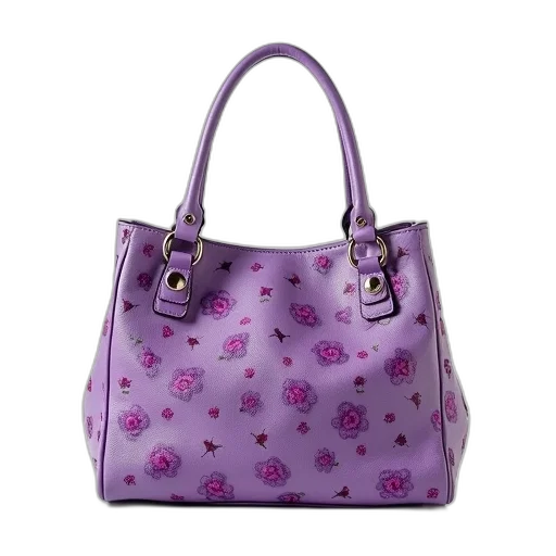 purple, handbag, floral, pattern, silver, hardware, displayed, against transparent PNG cut-out