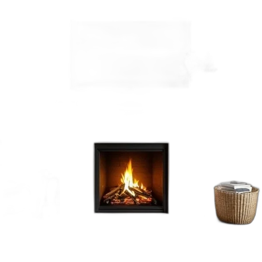furniture, fire, earth tones, monochrome, white, fireplace, lit, centered transparent PNG cut-out