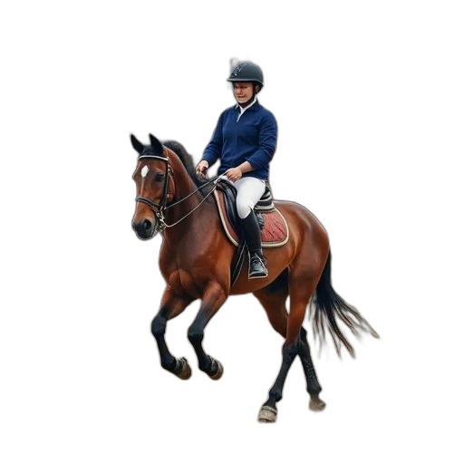 photorealistic, first, image, shows, person, riding, horse, over transparent PNG cut-out