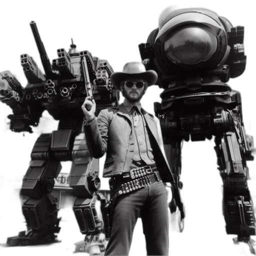 robot, weapon, concept art, urban, setting, cowboy-clad, man, wielding transparent PNG cut-out
