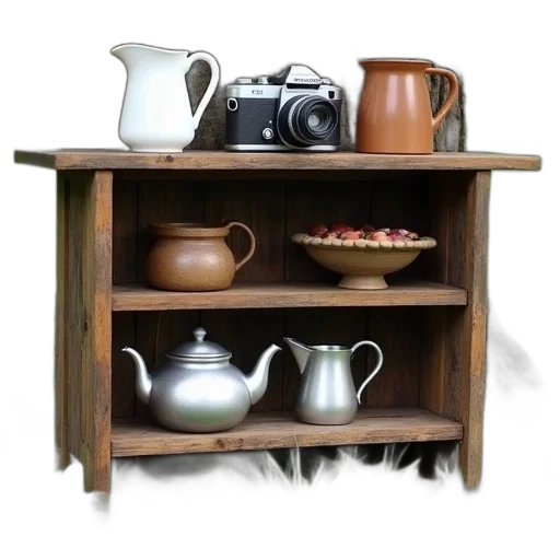 furniture, 3d render, photorealistic, earth tones, rustic, wooden, shelf, vintage transparent PNG cut-out