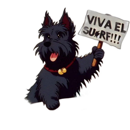 animal, pixel art, cartoon, animated, scottish, terrier-like, dog, surfs transparent PNG cut-out