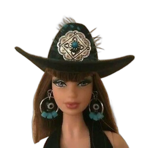 hat, jewelry, doll, long, brown, hair, wears, black transparent PNG cut-out