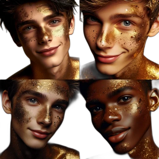photorealistic, golden, earth tones, dark, four, close-up, portraits, young transparent PNG cut-out
