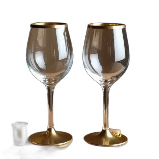 3d render, two, clear, wine, glasses, gold, rims, bases transparent PNG cut-out