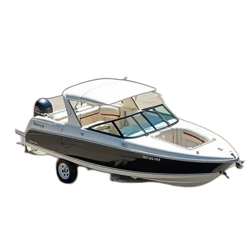 white, black, speedboat, canopy, parked, concrete, surface, boat transparent PNG cut-out