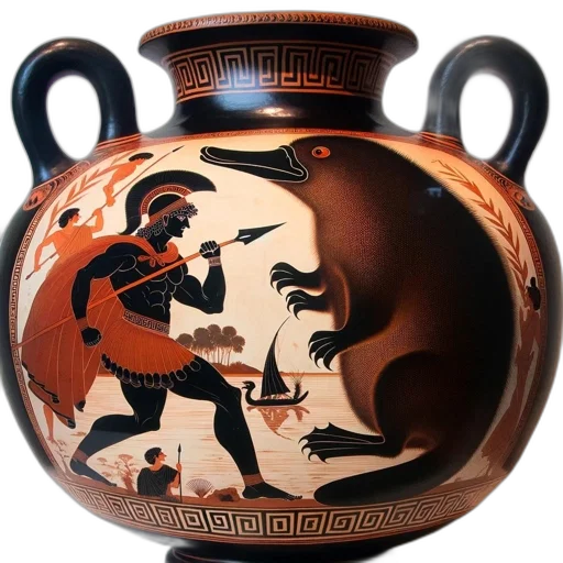 dragon, underwater, fire, ancient, greek, roman, decorated, vessel transparent PNG cut-out