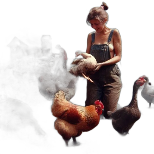 animal, photorealistic, concept art, woman, stands, muddy, farmyard, chicken transparent PNG cut-out