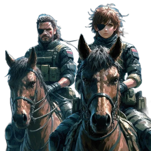 animal, concept art, fantasy art, comic book art, pixel art, two, tactically-dressed, figures transparent PNG cut-out