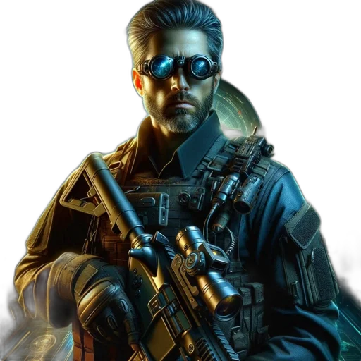 weapon, jacket, face, staff, concept art, cyberpunk, comic book art, photorealistic transparent PNG cut-out