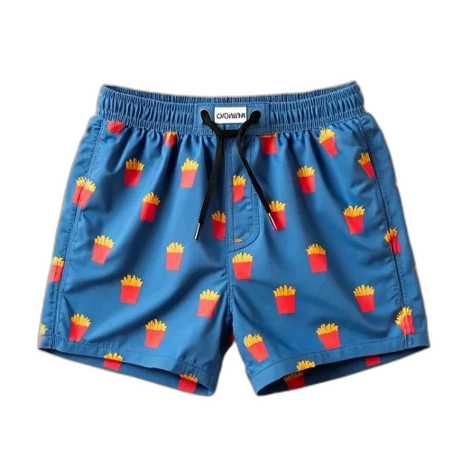 pair, blue, shorts, pattern, red, yellow, fries, white transparent PNG cut-out