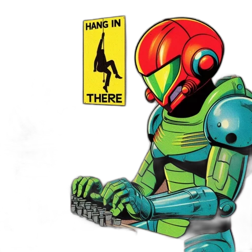 robot, weapon, comic book art, concept art, outer space, office, scene, features transparent PNG cut-out