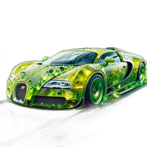 car, concept art, 3d render, photorealistic, fantasy art, green, crystal-encrusted, speeds transparent PNG cut-out