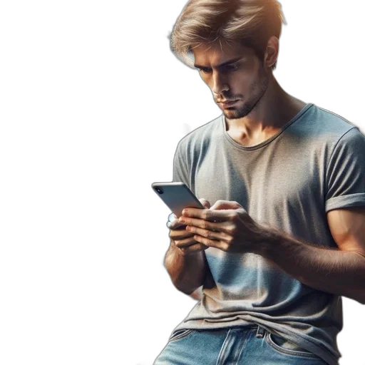 face, photorealistic, concept art, individual, stands, absorbed, his, phone transparent PNG cut-out