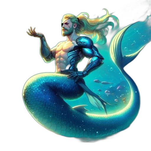 concept art, fantasy art, comic book art, 3d render, underwater, blue, majestic, merman transparent PNG cut-out