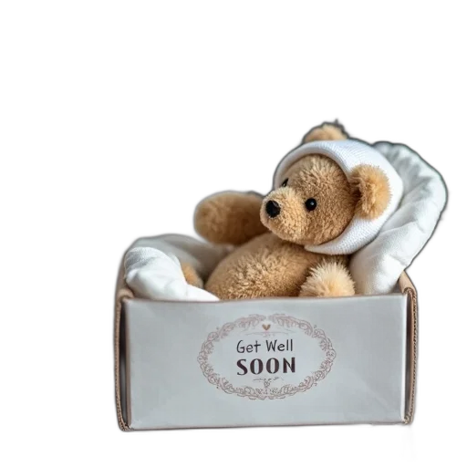 small, teddy, bear, lying, white, crib, blanket, has transparent PNG cut-out