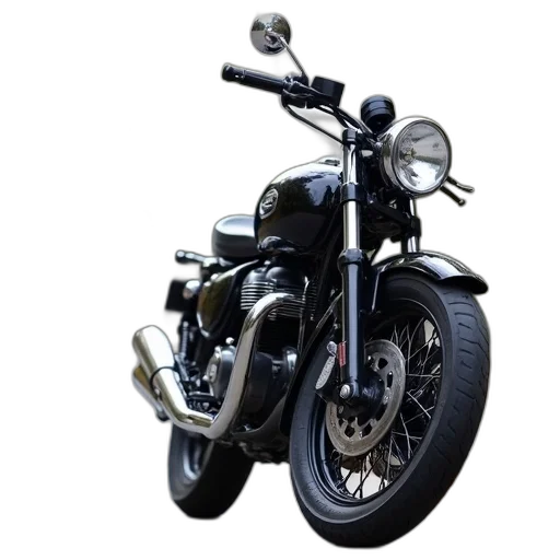 photorealistic, 3d render, black, motorcycle, sidecar, parked, paved, area transparent PNG cut-out
