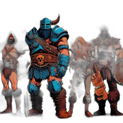 concept art, comic book art, fantasy art, blue, four, warriors, each, unique transparent PNG cut-out